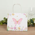 12 Pack Pink Glitter Butterfly Paper Favor Bags with Handles, Floral Print White Goodie Gift Bags - 6"x7" - Bell Racket Store