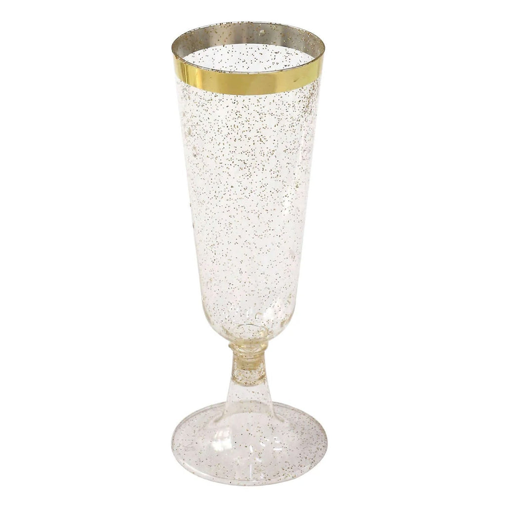 12 - Pack Plastic Champagne Flutes Clear Gold Glittered with Gold Rim - Stylish Disposable Cocktail Glasses for Parties 6oz 6" - Bell Racket Store
