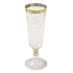12 - Pack Plastic Champagne Flutes Clear Gold Glittered with Gold Rim - Stylish Disposable Cocktail Glasses for Parties 6oz 6" - Bell Racket Store