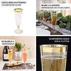 12 - Pack Plastic Champagne Flutes Clear Gold Glittered with Gold Rim - Stylish Disposable Cocktail Glasses for Parties 6oz 6" - Bell Racket Store