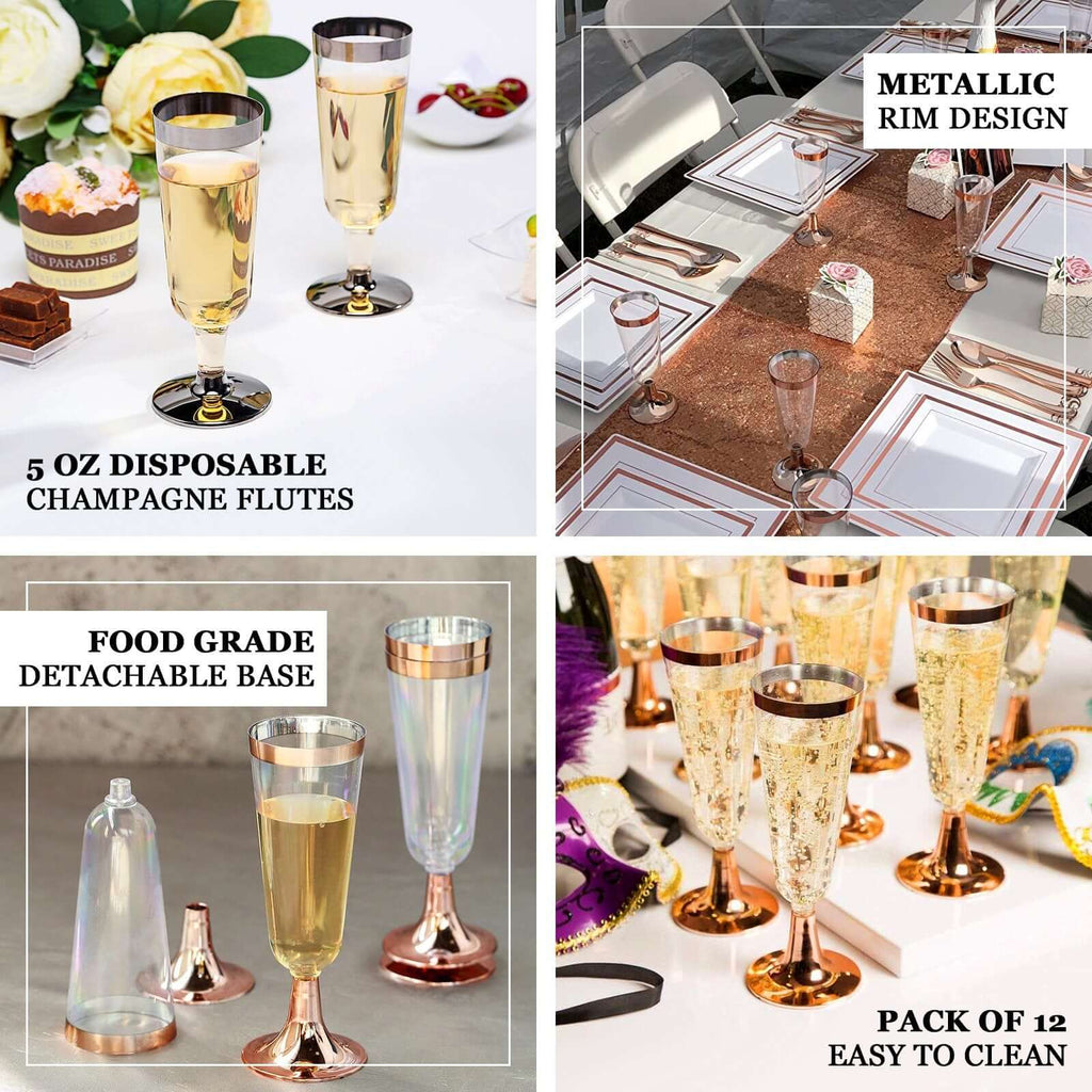 12 - Pack Plastic Champagne Flutes Clear with Rose Gold Rim - Sleek Detachable Base Disposable Champagne Glasses for Toasting & Cocktail Parties 5oz - Bell Racket Store