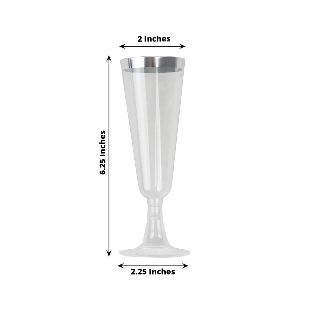 12 - Pack Plastic Champagne Flutes Clear with Silver Rim - Stylish Disposable Cocktail Glasses for Parties 5oz 6" - Bell Racket Store