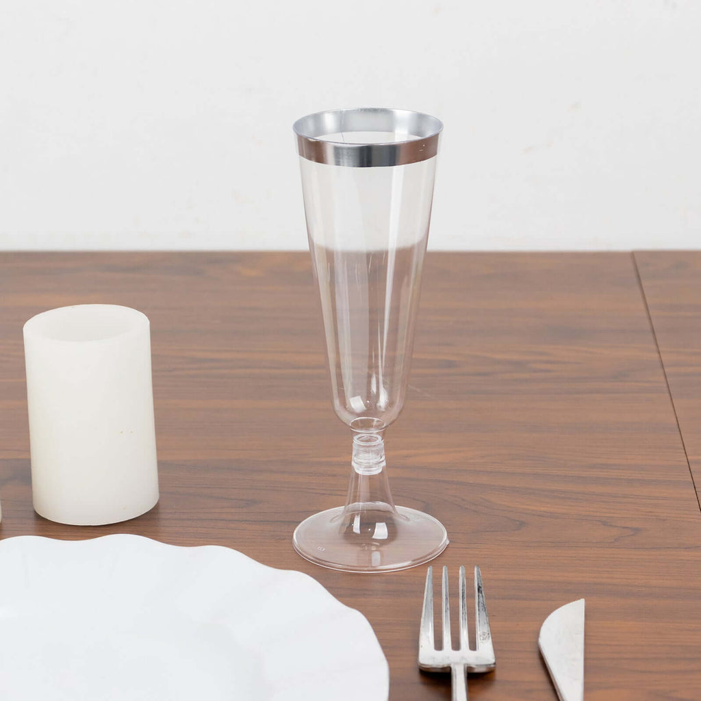 12 - Pack Plastic Champagne Flutes Clear with Silver Rim - Stylish Disposable Cocktail Glasses for Parties 5oz 6" - Bell Racket Store
