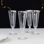 12 - Pack Plastic Champagne Flutes Clear with Silver Rim - Stylish Disposable Cocktail Glasses for Parties 5oz 6" - Bell Racket Store