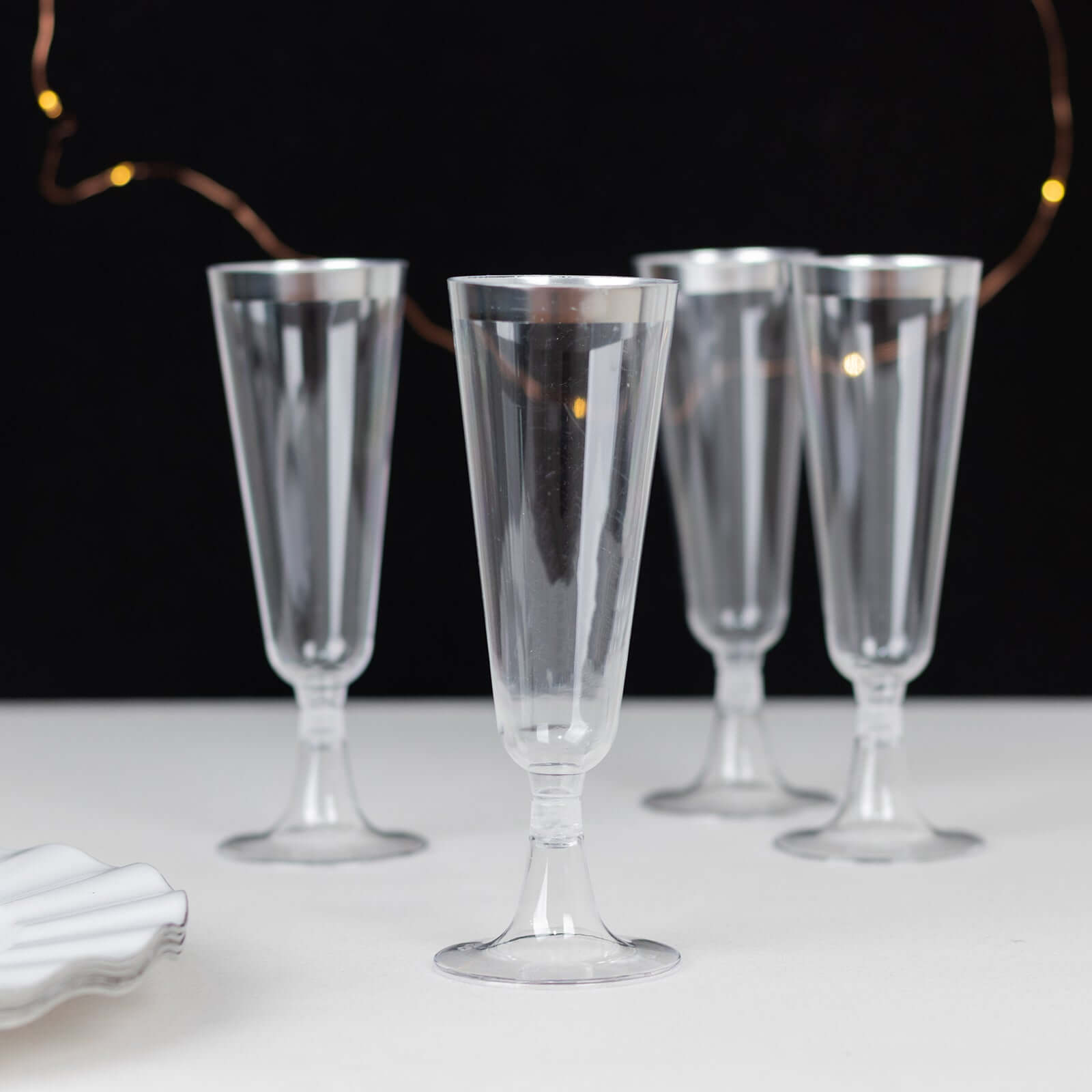 12 - Pack Plastic Champagne Flutes Clear with Silver Rim - Stylish Disposable Cocktail Glasses for Parties 5oz 6" - Bell Racket Store