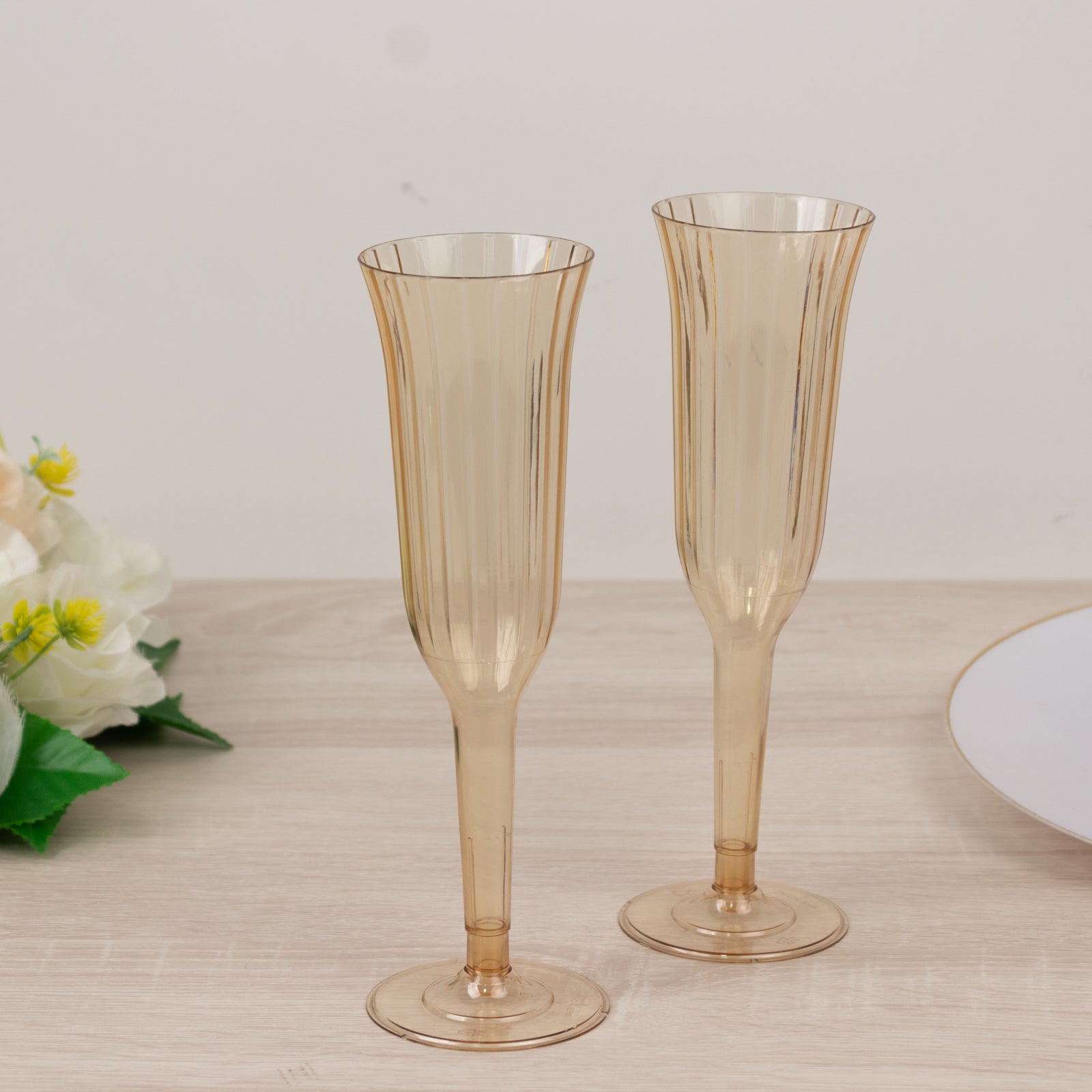 12 - Pack Plastic Champagne Flutes Transparent Amber Gold Flared Design - Lightweight Disposable Toasting Glasses 6oz - Bell Racket Store