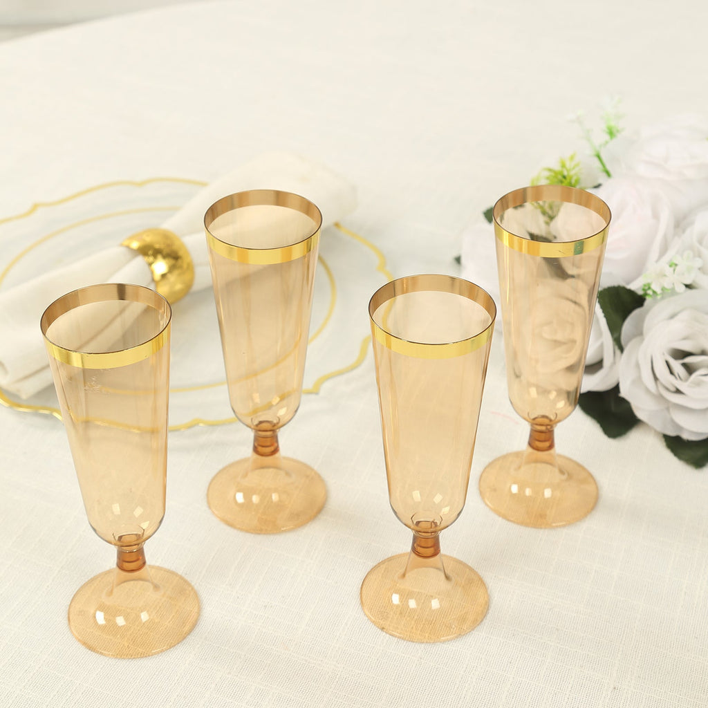 12 - Pack Plastic Champagne Flutes Transparent Amber Gold with Gold Rim - Stylish Disposable Cocktail Glasses for Parties 5oz 6" - Bell Racket Store