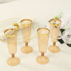 12 - Pack Plastic Champagne Flutes Transparent Amber Gold with Gold Rim - Stylish Disposable Cocktail Glasses for Parties 5oz 6" - Bell Racket Store