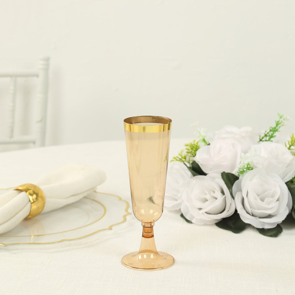 12 - Pack Plastic Champagne Flutes Transparent Amber Gold with Gold Rim - Stylish Disposable Cocktail Glasses for Parties 5oz 6" - Bell Racket Store