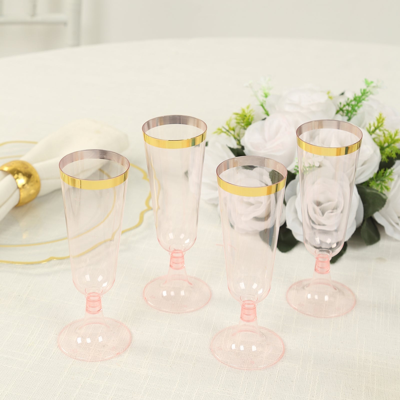12 - Pack Plastic Champagne Flutes Transparent Blush with Gold Rim - Stylish Disposable Cocktail Glasses for Parties 5oz 6" - Bell Racket Store