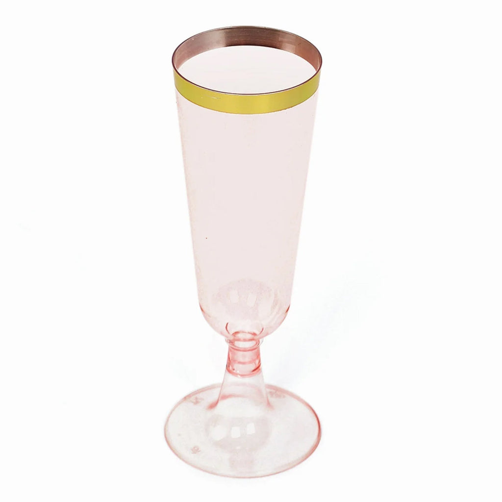 12 - Pack Plastic Champagne Flutes Transparent Blush with Gold Rim - Stylish Disposable Cocktail Glasses for Parties 5oz 6" - Bell Racket Store