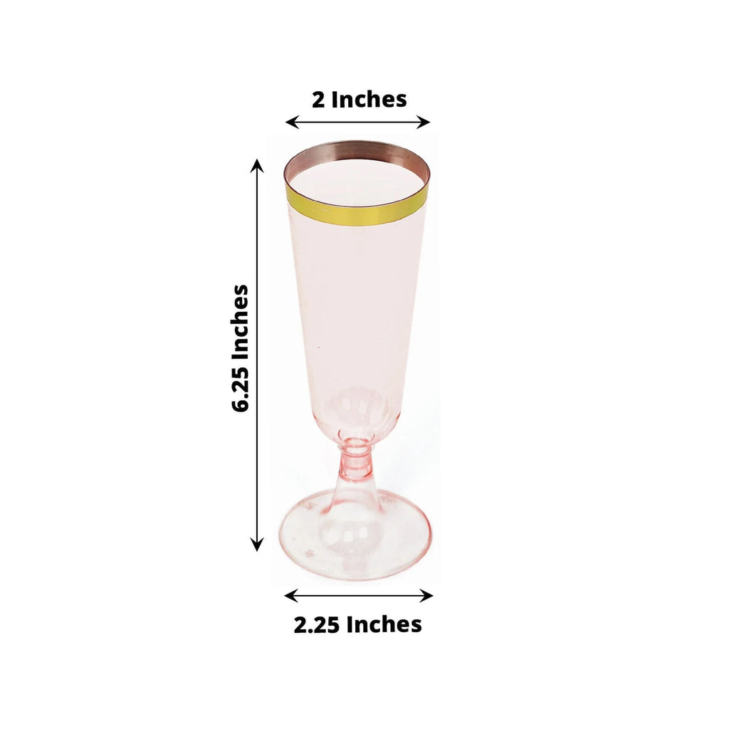 12 - Pack Plastic Champagne Flutes Transparent Blush with Gold Rim - Stylish Disposable Cocktail Glasses for Parties 5oz 6" - Bell Racket Store