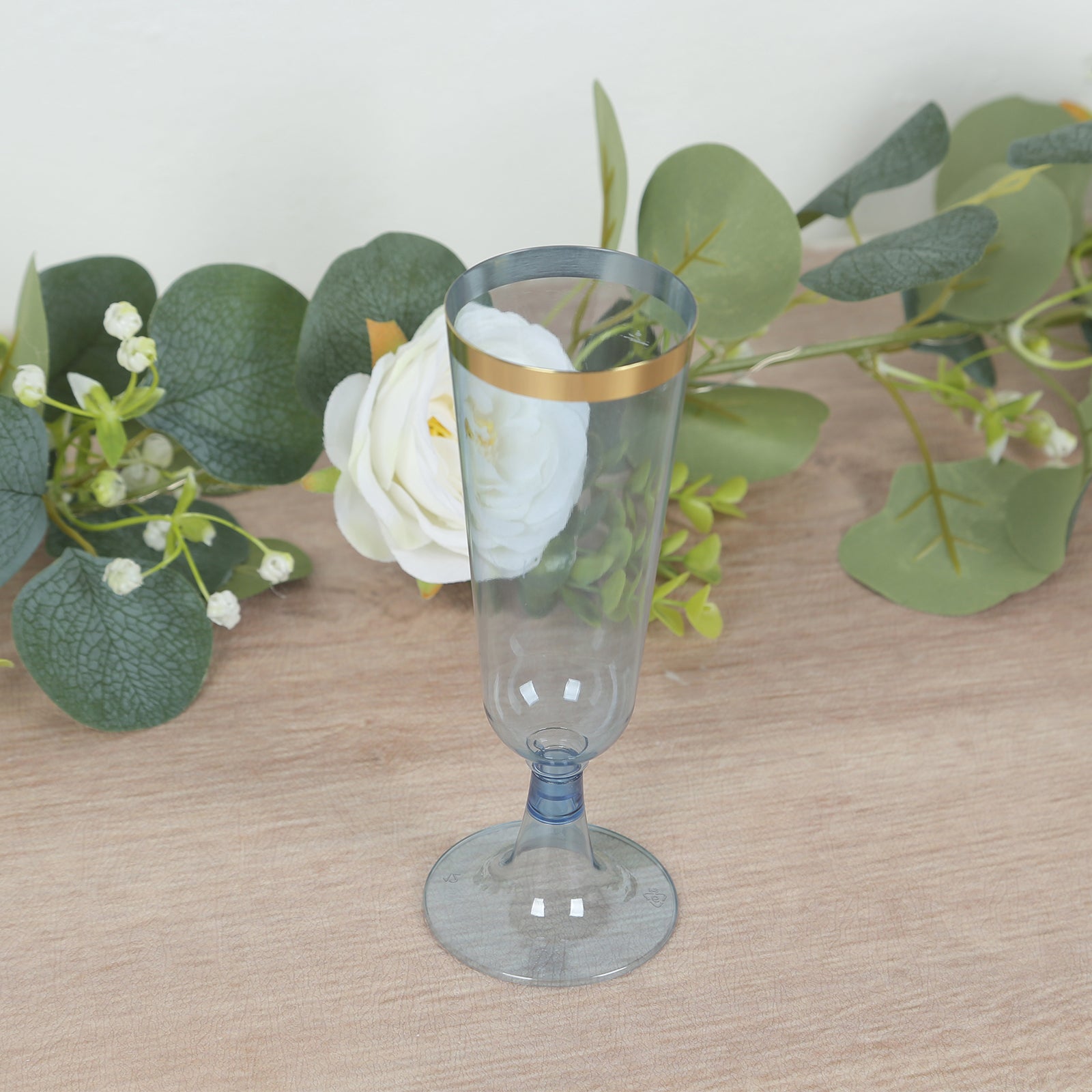 12 - Pack Plastic Champagne Flutes Transparent Dusty Blue with Gold Rim - Stylish Disposable Cocktail Glasses for Parties 5oz 6" - Bell Racket Store