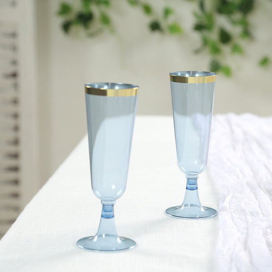 12 - Pack Plastic Champagne Flutes Transparent Dusty Blue with Gold Rim - Stylish Disposable Cocktail Glasses for Parties 5oz 6" - Bell Racket Store
