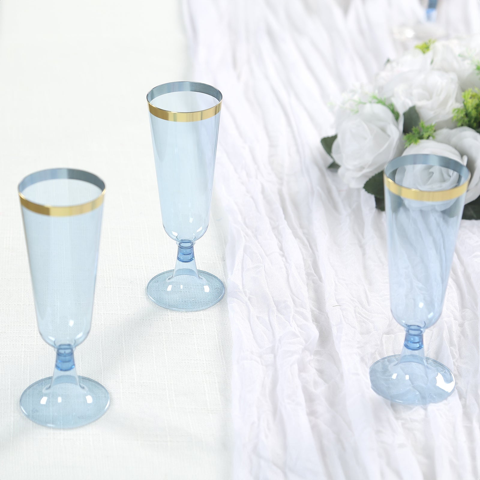 12 - Pack Plastic Champagne Flutes Transparent Dusty Blue with Gold Rim - Stylish Disposable Cocktail Glasses for Parties 5oz 6" - Bell Racket Store