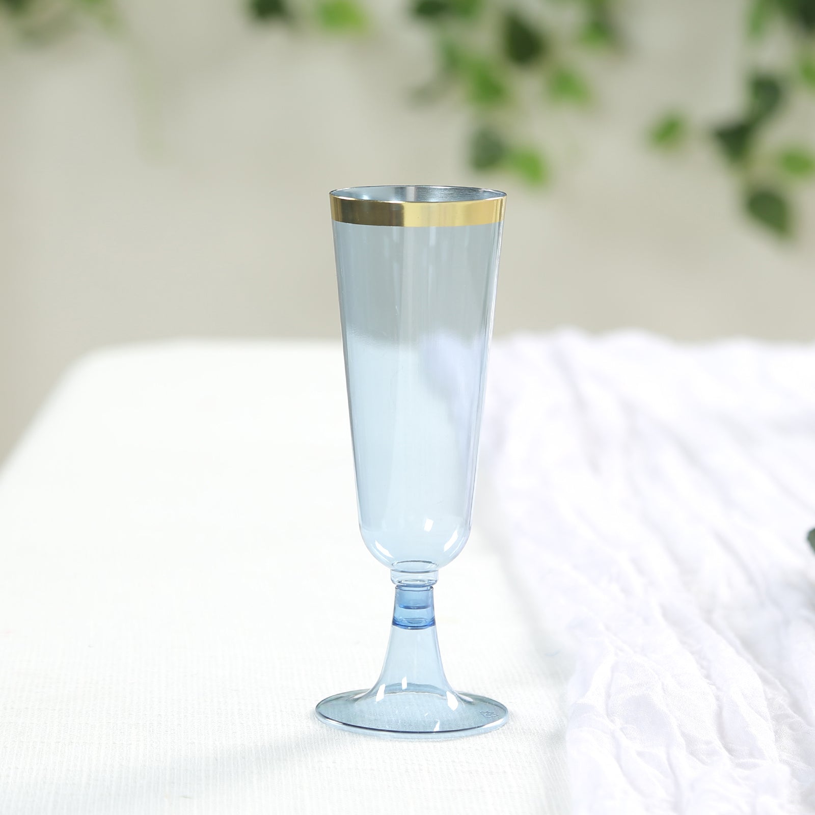 12 - Pack Plastic Champagne Flutes Transparent Dusty Blue with Gold Rim - Stylish Disposable Cocktail Glasses for Parties 5oz 6" - Bell Racket Store