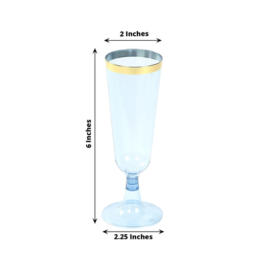 12 - Pack Plastic Champagne Flutes Transparent Dusty Blue with Gold Rim - Stylish Disposable Cocktail Glasses for Parties 5oz 6" - Bell Racket Store
