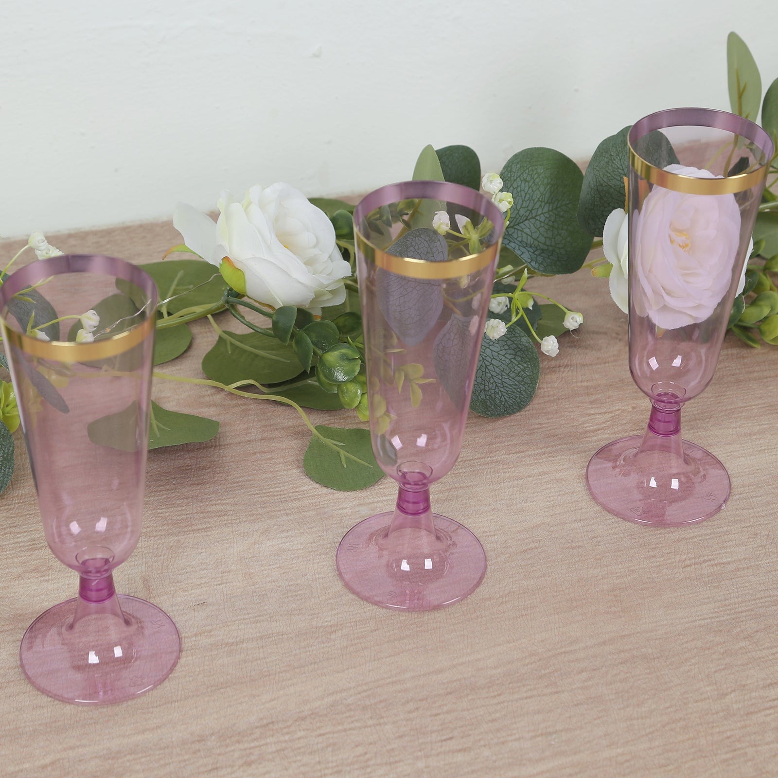 12 - Pack Plastic Champagne Flutes Transparent Purple with Gold Rim - Stylish Disposable Cocktail Glasses for Parties 5oz 6" - Bell Racket Store