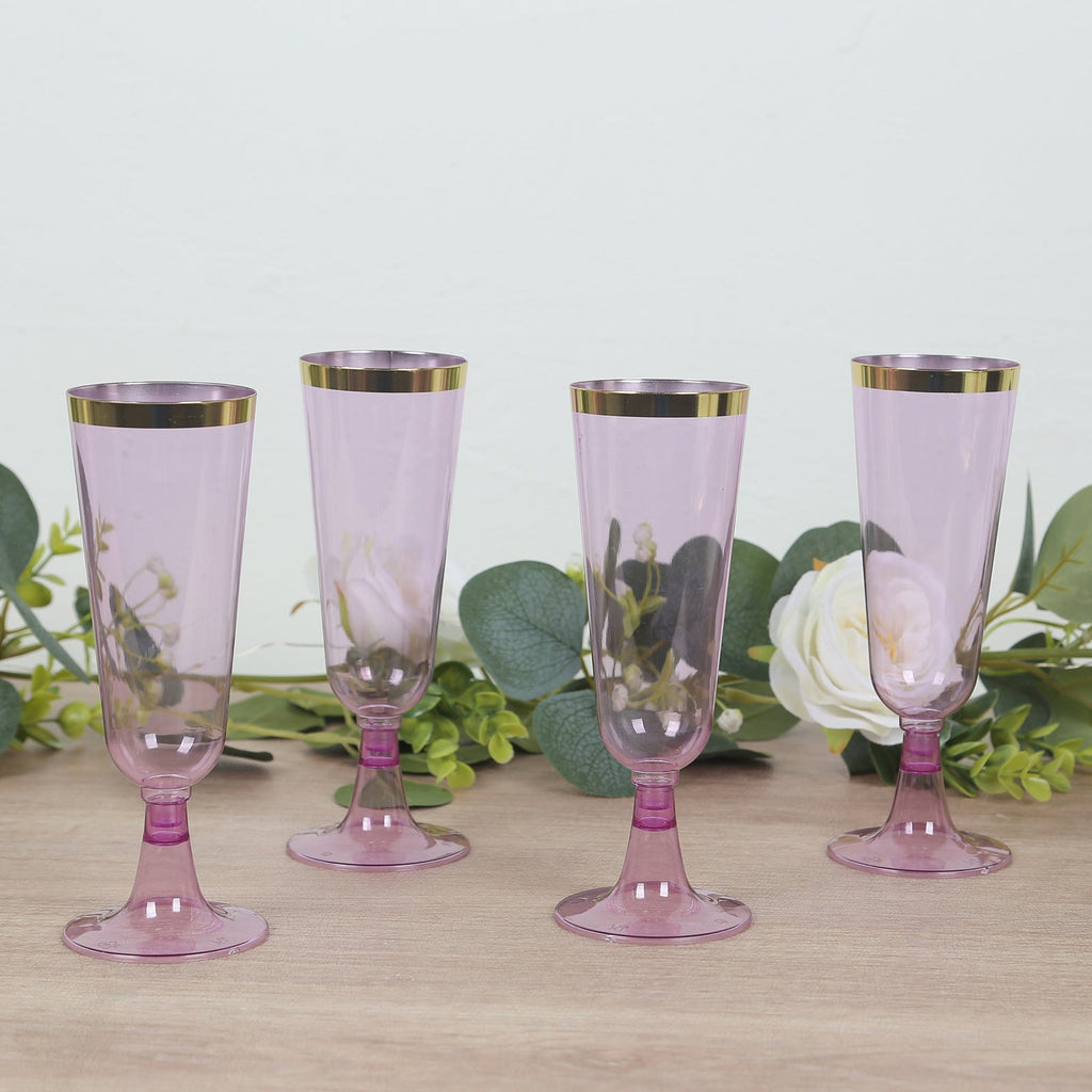 12 - Pack Plastic Champagne Flutes Transparent Purple with Gold Rim - Stylish Disposable Cocktail Glasses for Parties 5oz 6" - Bell Racket Store