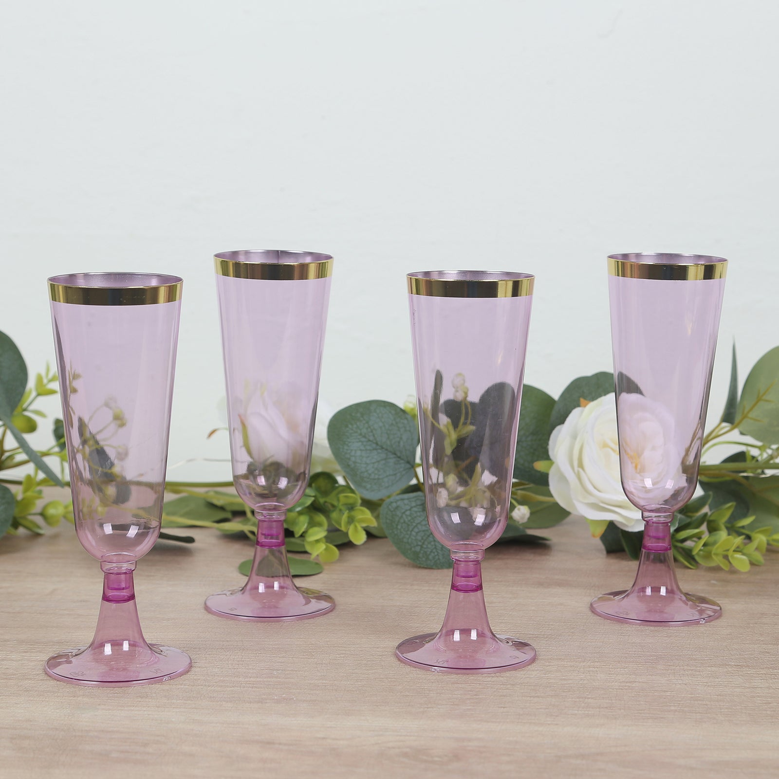 12 - Pack Plastic Champagne Flutes Transparent Purple with Gold Rim - Stylish Disposable Cocktail Glasses for Parties 5oz 6" - Bell Racket Store