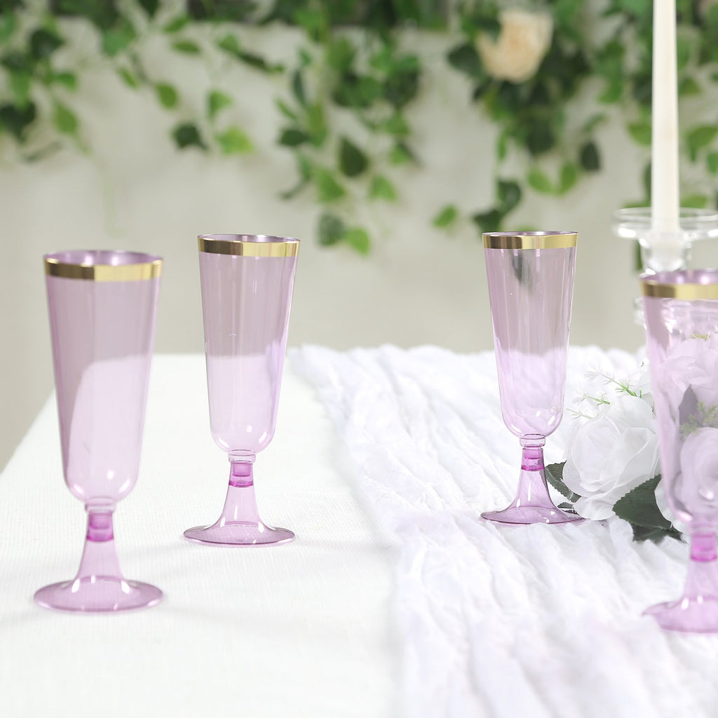 12 - Pack Plastic Champagne Flutes Transparent Purple with Gold Rim - Stylish Disposable Cocktail Glasses for Parties 5oz 6" - Bell Racket Store