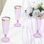12 - Pack Plastic Champagne Flutes Transparent Purple with Gold Rim - Stylish Disposable Cocktail Glasses for Parties 5oz 6" - Bell Racket Store
