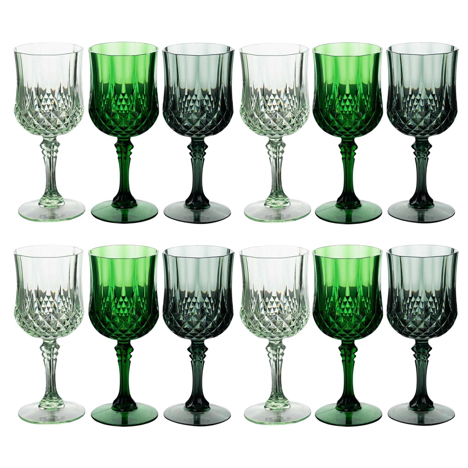 12 - Pack Plastic Cocktail Goblets Assorted Green Transparent Crystal Cut - Shatterproof Drinkware 8oz - Bell Racket Store