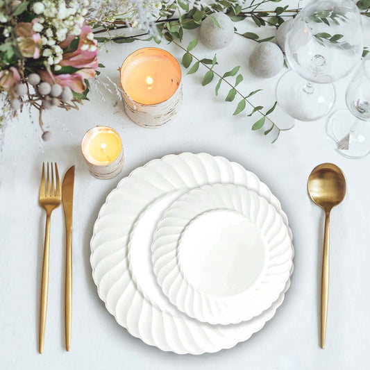 12 - Pack Plastic Dessert Plates Glossy White Swirl Rim - Lightweight Round Salad Plates 6" - NestOCart