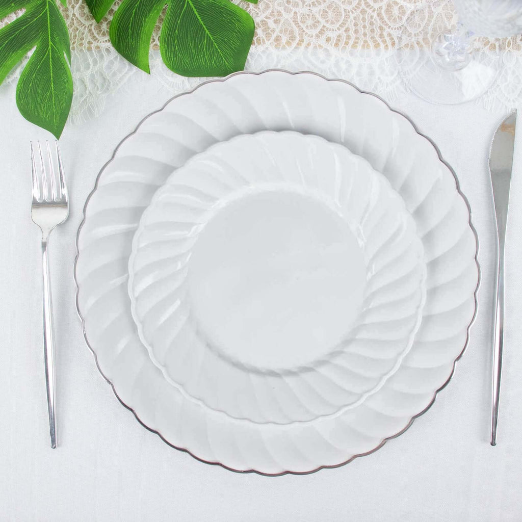 12 - Pack Plastic Dessert Plates White Flair Rim - Sturdy Disposable Salad Plates 7.5" - Bell Racket Store