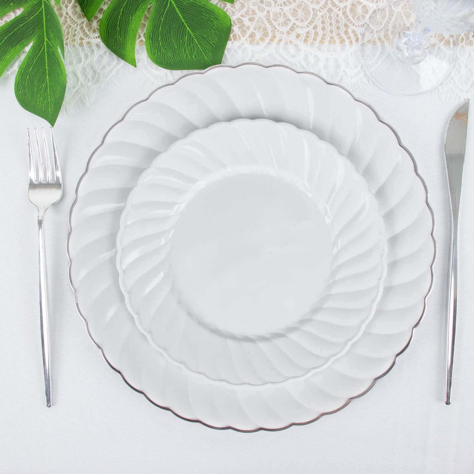 12 - Pack Plastic Dessert Plates White Flair Rim - Sturdy Disposable Salad Plates 7.5" - Bell Racket Store