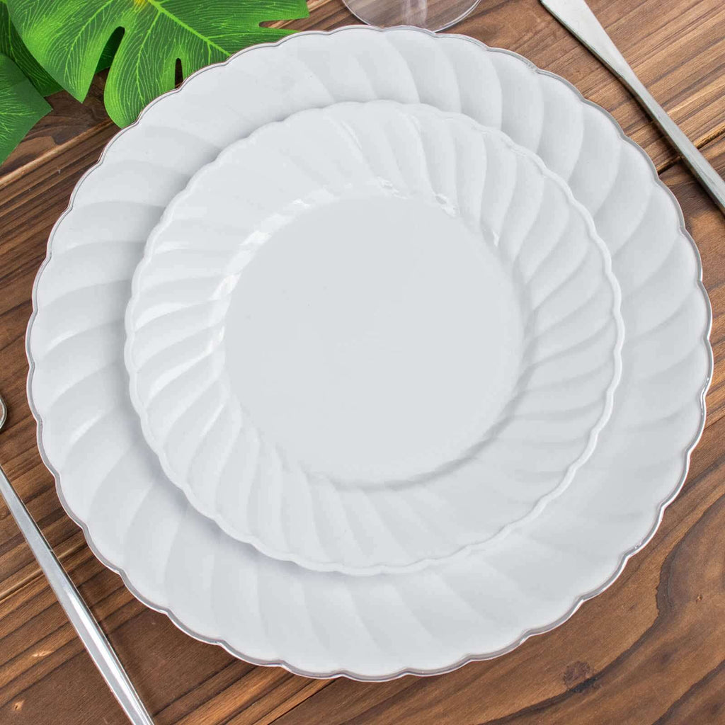 12 - Pack Plastic Dessert Plates White Flair Rim - Sturdy Disposable Salad Plates 7.5" - Bell Racket Store