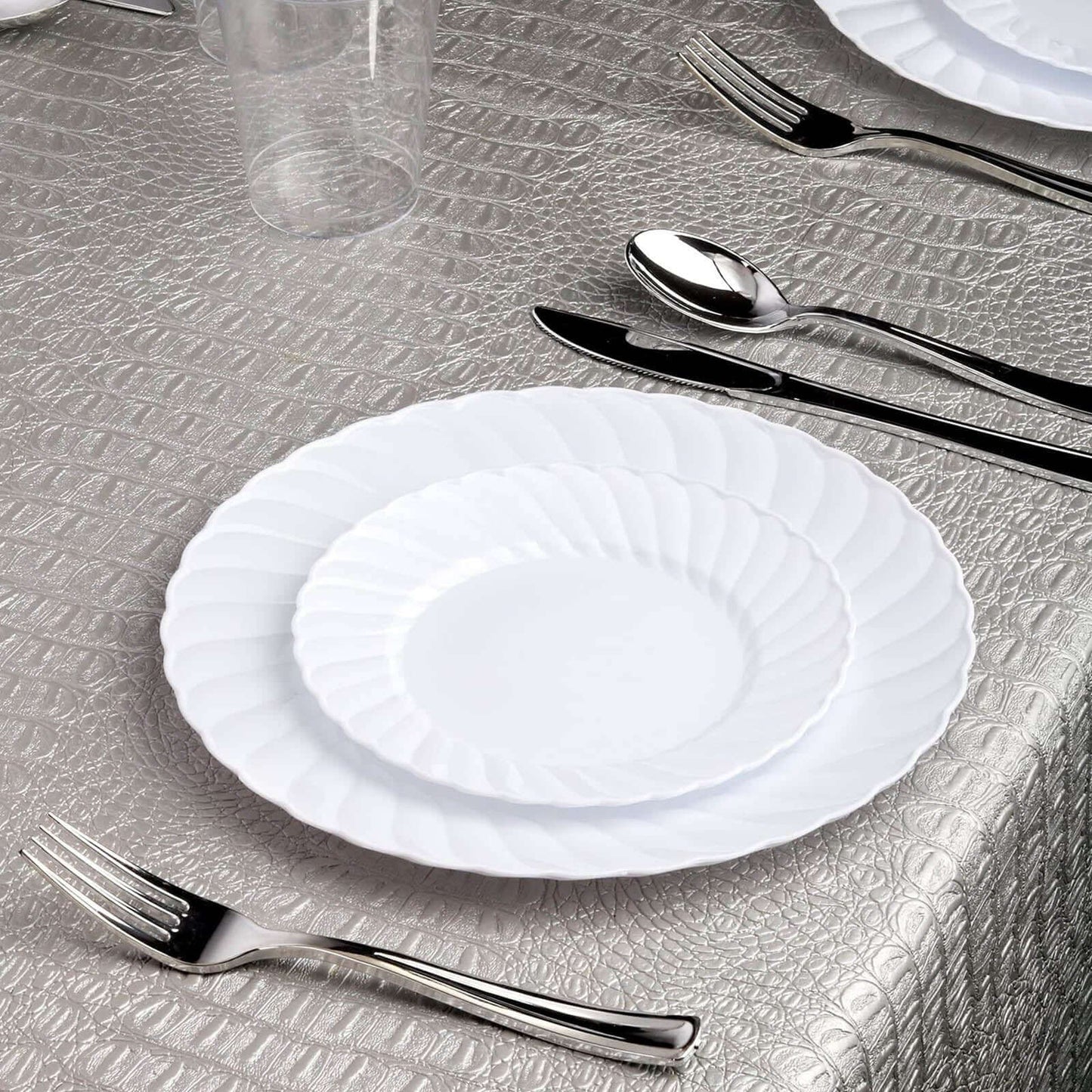 12 - Pack Plastic Dinner Plates Glossy White Swirl Rim - Durable Disposable Plates for Gatherings 10" - NestOCart