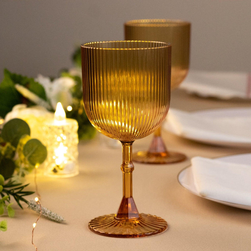 12 - Pack Plastic Goblets Amber Gold Vintage Ribbed Pattern - Reusable Shatterproof Glassware 9oz - Bell Racket Store