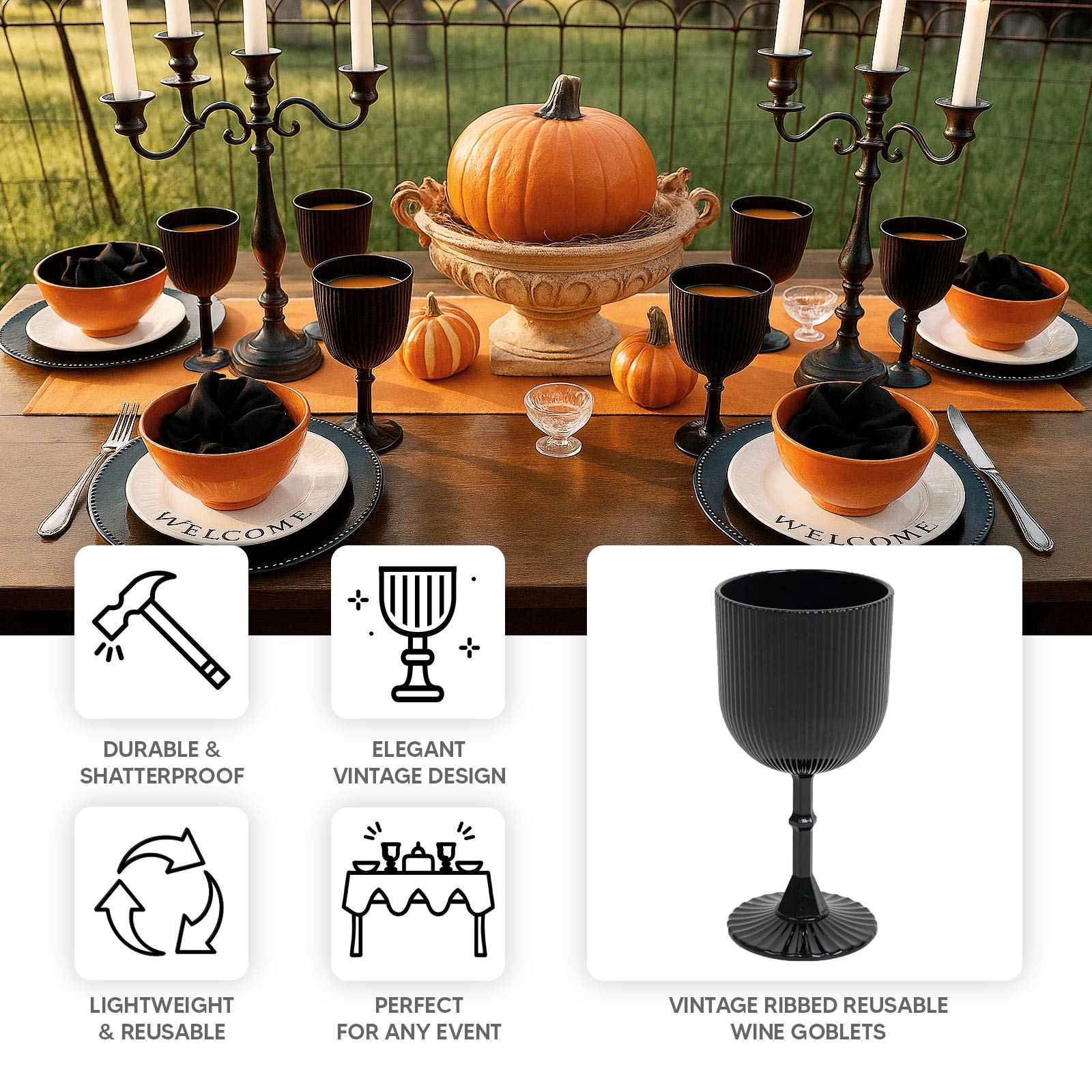 12 - Pack Plastic Goblets Black Vintage Ribbed Pattern - Reusable Shatterproof Glassware 9oz - Bell Racket Store