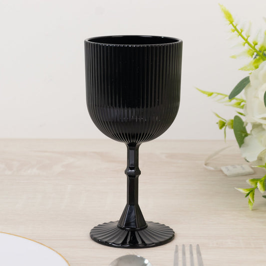 12 - Pack Plastic Goblets Black Vintage Ribbed Pattern - Reusable Shatterproof Glassware 9oz - Bell Racket Store