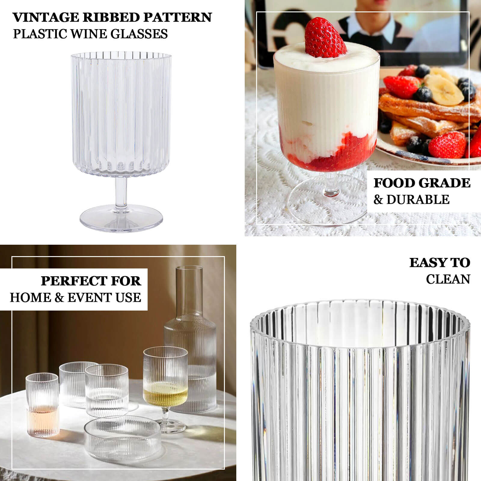 12 - Pack Plastic Goblets Clear Vintage Ribbed Pattern Short Stem - Reusable Wine Glasses 12oz - Bell Racket Store