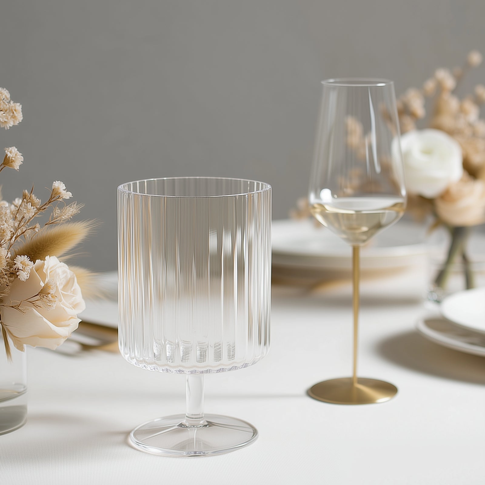 12 - Pack Plastic Goblets Clear Vintage Ribbed Pattern Short Stem - Reusable Wine Glasses 12oz - Bell Racket Store