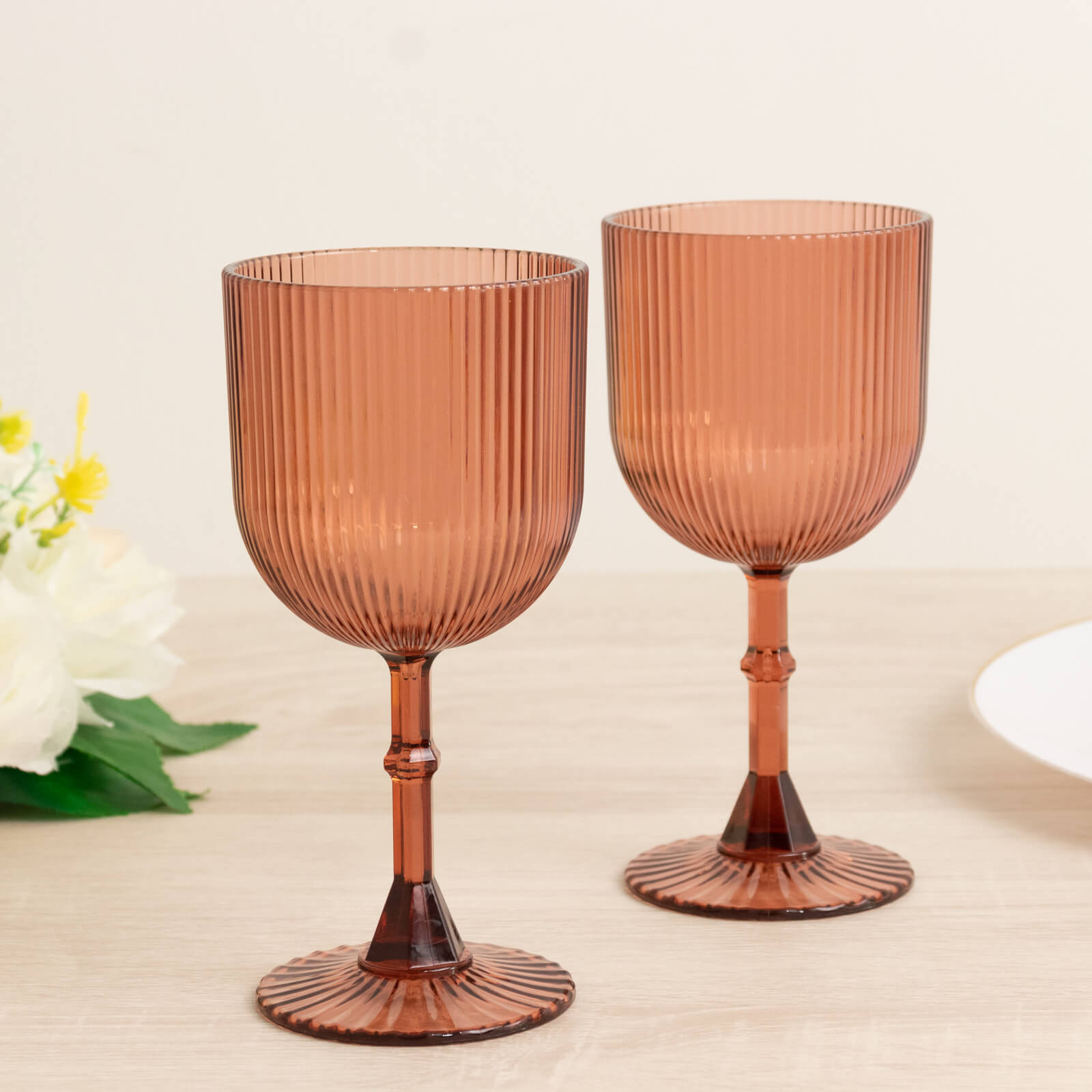 12 - Pack Plastic Goblets Dusty Rose Vintage Ribbed Pattern - Reusable Shatterproof Glassware 9oz - Bell Racket Store