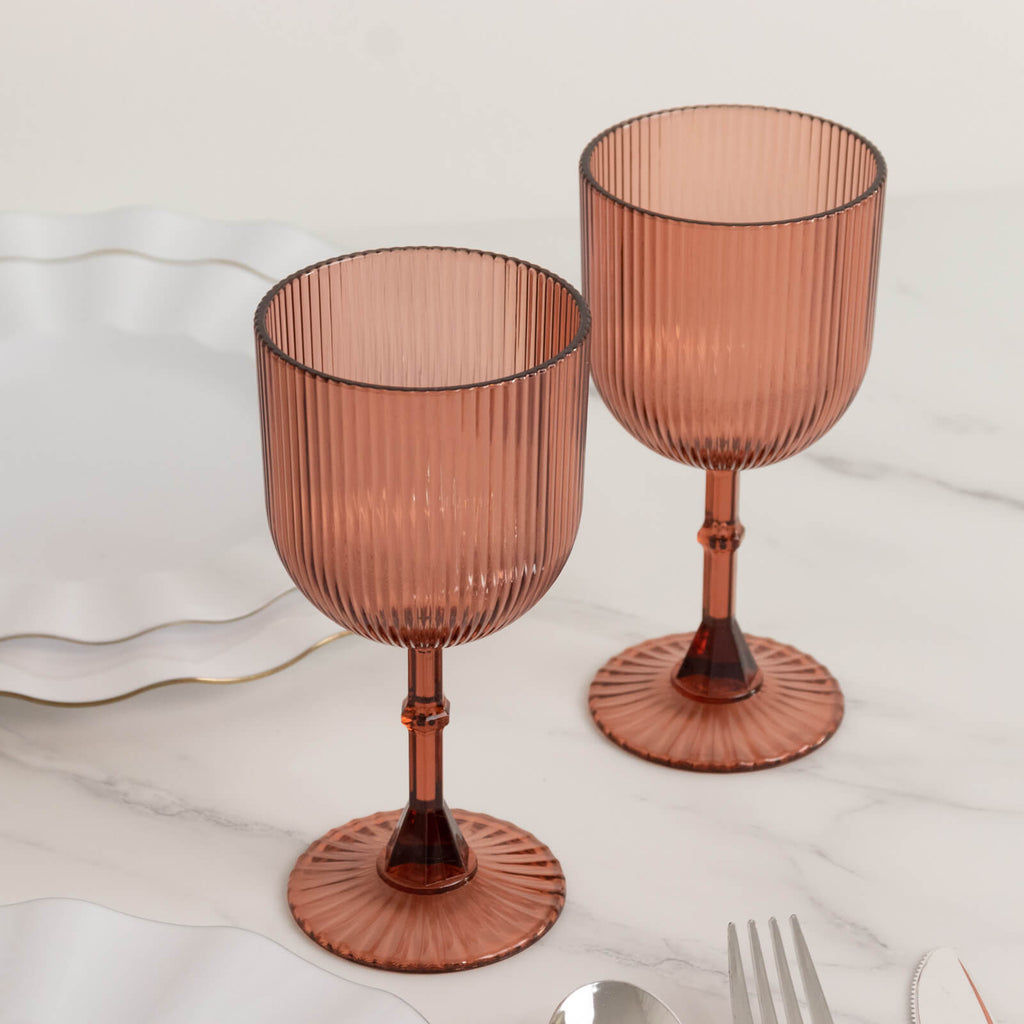 12 - Pack Plastic Goblets Dusty Rose Vintage Ribbed Pattern - Reusable Shatterproof Glassware 9oz - Bell Racket Store