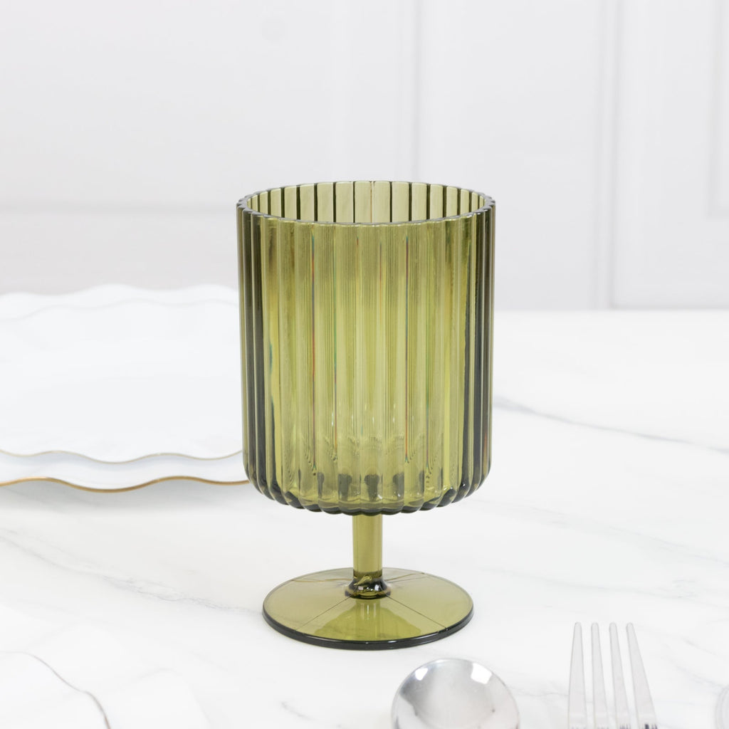 12 - Pack Plastic Goblets Dusty Sage Green Vintage Ribbed Pattern Short Stem - Reusable Wine Glasses 12oz - Bell Racket Store