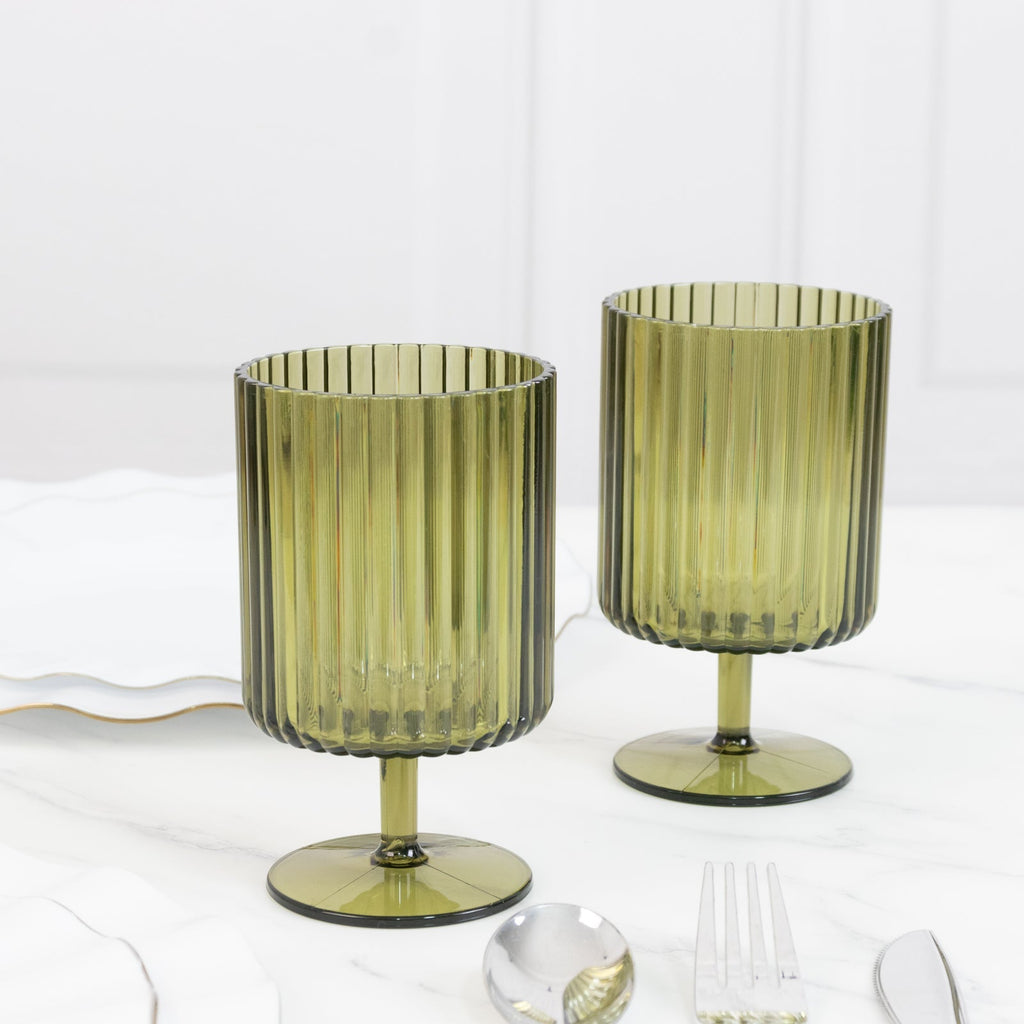 12 - Pack Plastic Goblets Dusty Sage Green Vintage Ribbed Pattern Short Stem - Reusable Wine Glasses 12oz - Bell Racket Store