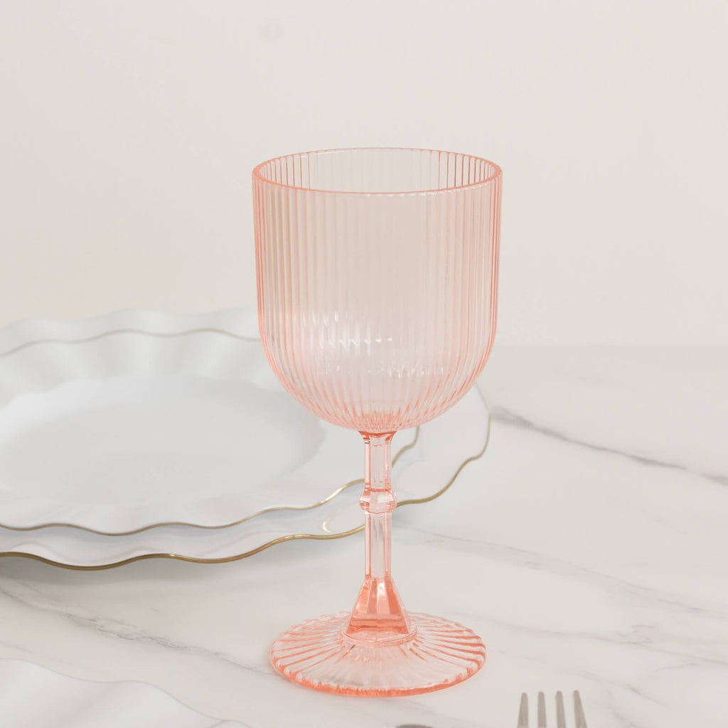12 - Pack Plastic Goblets Transparent Blush Vintage Ribbed Pattern - Reusable Shatterproof Glassware 9oz - Bell Racket Store