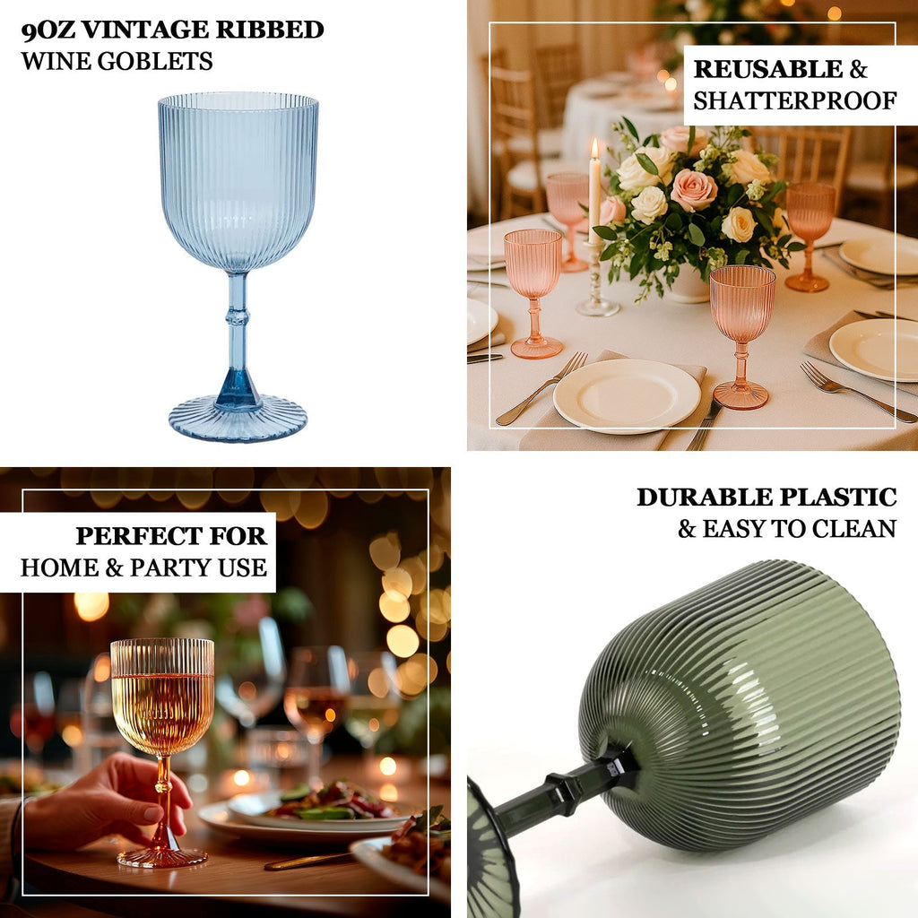 12 - Pack Plastic Goblets Transparent Blush Vintage Ribbed Pattern - Reusable Shatterproof Glassware 9oz - Bell Racket Store