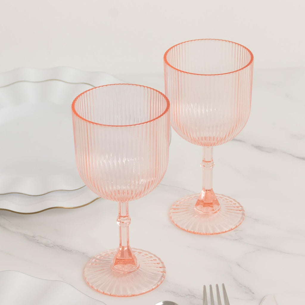 12 - Pack Plastic Goblets Transparent Blush Vintage Ribbed Pattern - Reusable Shatterproof Glassware 9oz - Bell Racket Store