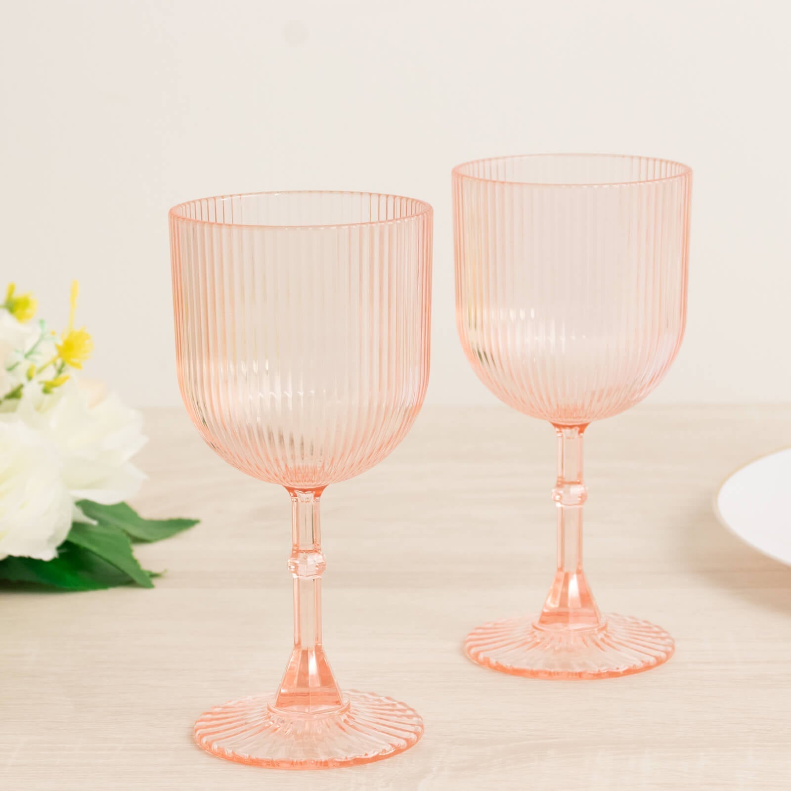 12 - Pack Plastic Goblets Transparent Blush Vintage Ribbed Pattern - Reusable Shatterproof Glassware 9oz - Bell Racket Store