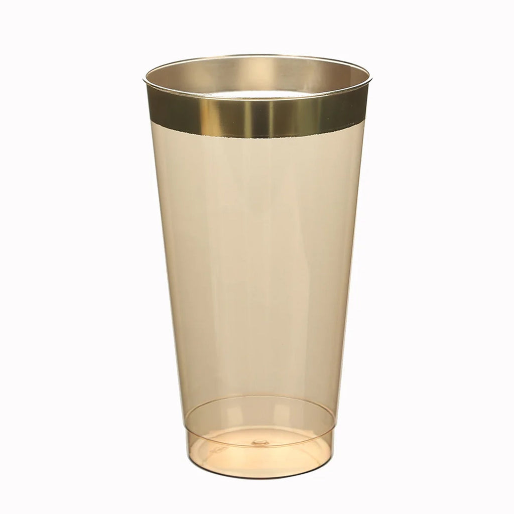12 - Pack Plastic Party Cups Transparent Amber Gold with Gold Rim - Durable Disposable Tumblers for Drinks 17oz 5.5" - Bell Racket Store