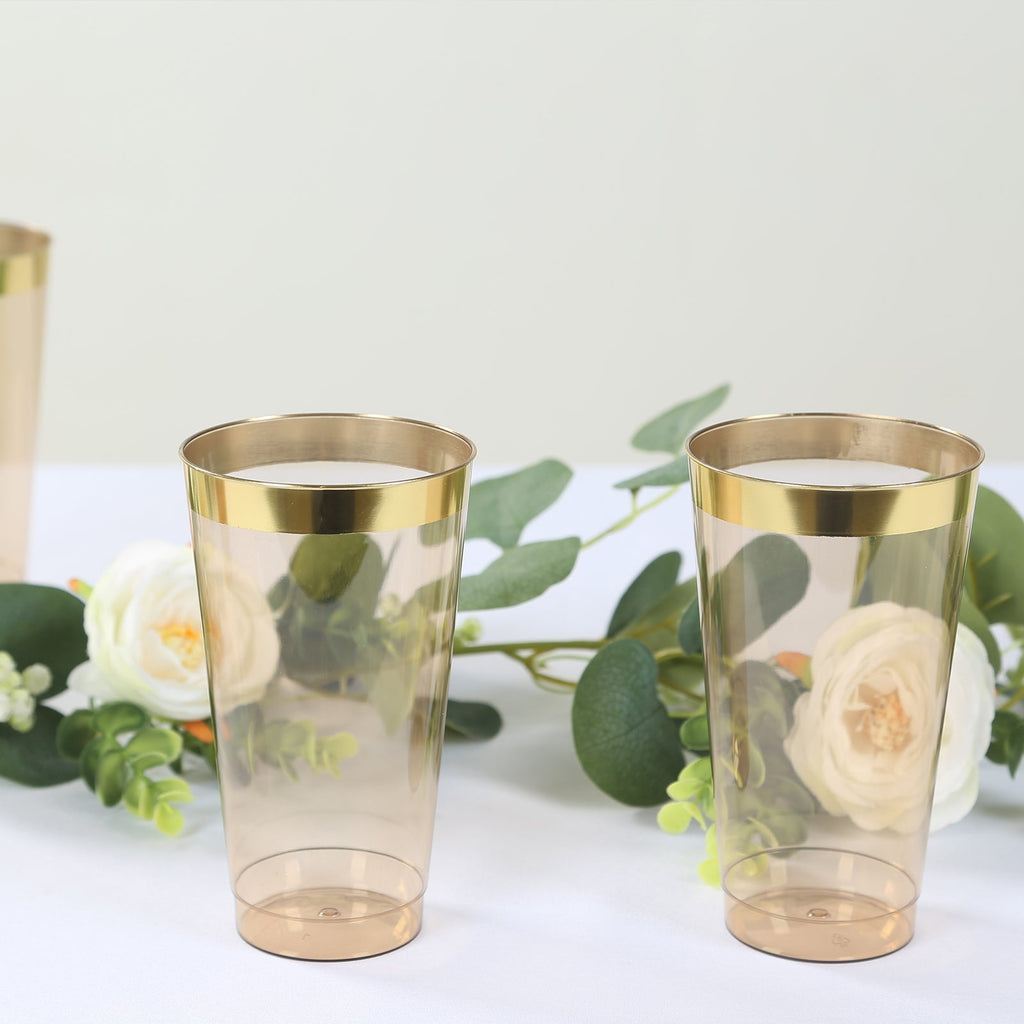12 - Pack Plastic Party Cups Transparent Amber Gold with Gold Rim - Durable Disposable Tumblers for Drinks 17oz 5.5" - Bell Racket Store