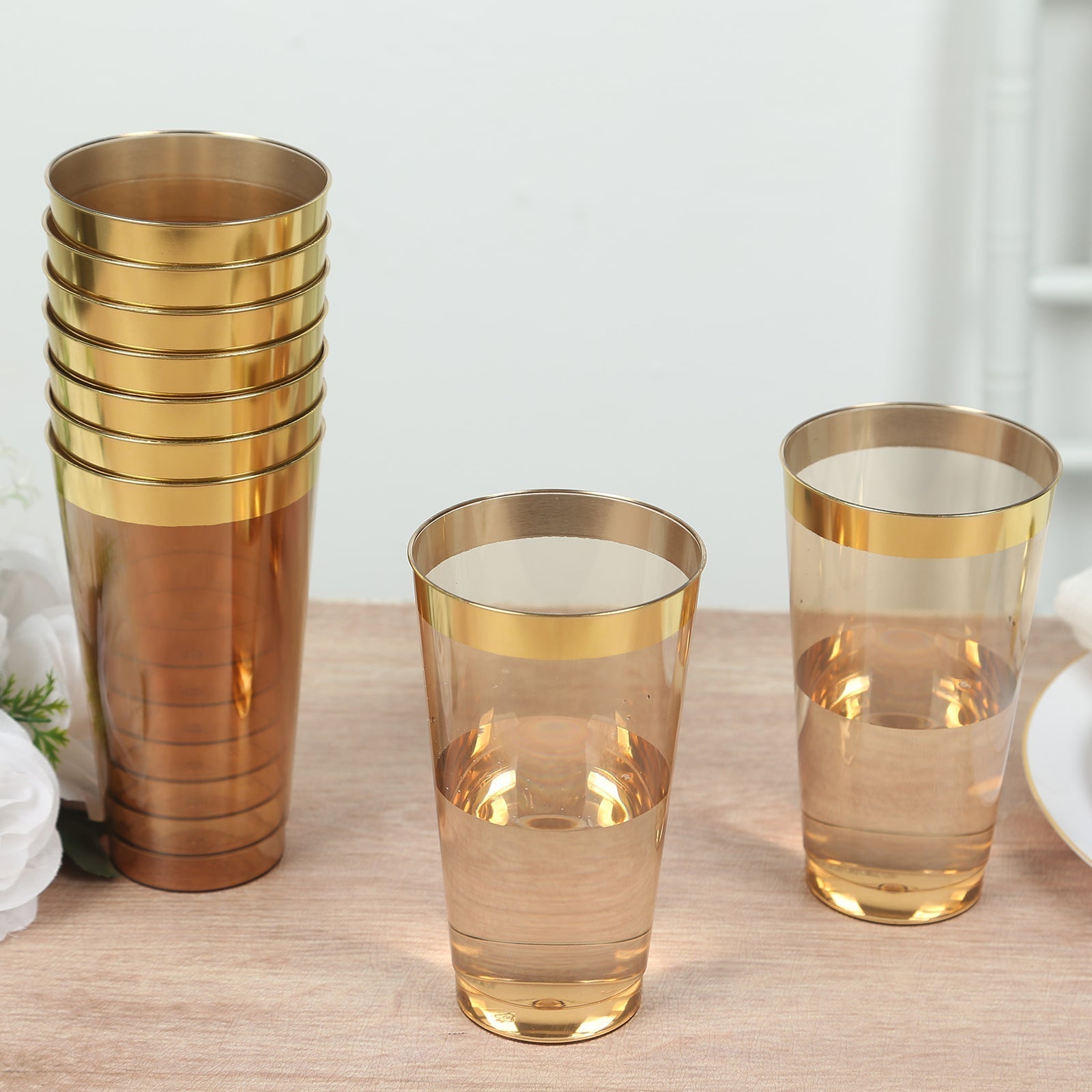 12 - Pack Plastic Party Cups Transparent Amber Gold with Gold Rim - Durable Disposable Tumblers for Drinks 17oz 5.5" - Bell Racket Store