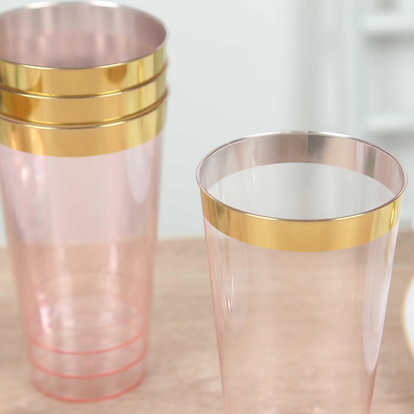 12 - Pack Plastic Party Cups Transparent Blush with Gold Rim - Durable Disposable Tumblers for Drinks 17oz 5.5" - Bell Racket Store