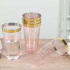 12 - Pack Plastic Party Cups Transparent Blush with Gold Rim - Durable Disposable Tumblers for Drinks 17oz 5.5" - Bell Racket Store
